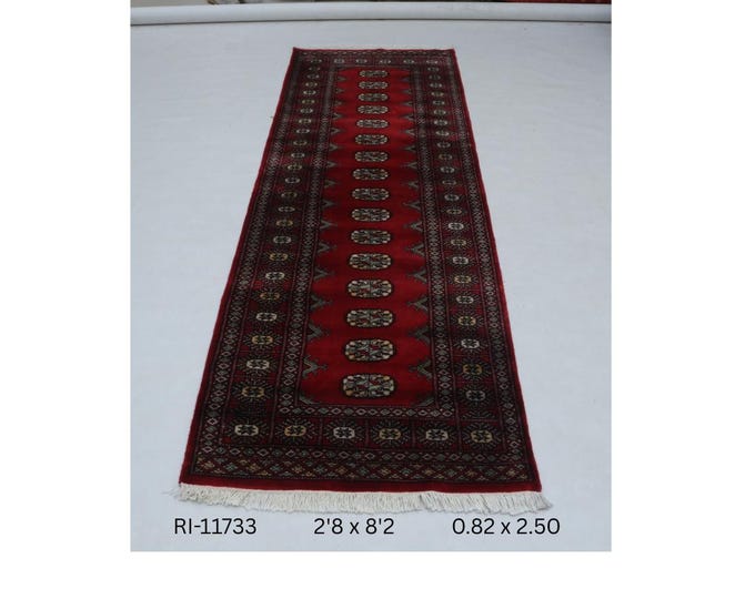 Hand-knotted Mohri Bokhara Wool Rug, Red Geometric Runner (2.8 x 8.2 ft)