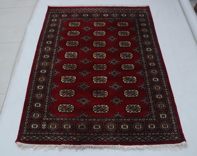 3.11 X 5.2 ft Red Geomatrical Handmade Runner, Mori Bokhara Cotton and Wool