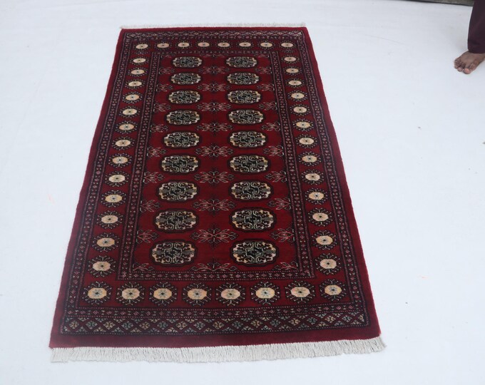 3.2 X 5.6 ft Red Geomatrical Handmade Runner, Mori Bokhara Cotton and Wool