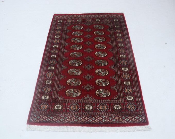 3.1 X 5.0 ft Red Geomatrical Handmade ,Mori Bokhara Cotton and Wool