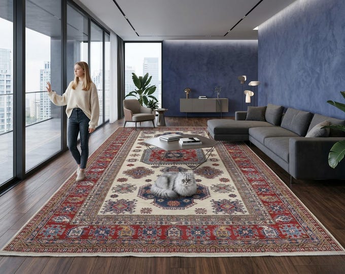 6 X 10 ft Beige and Red Geomatrical Handmade , Super Kazak Cotton and Wool