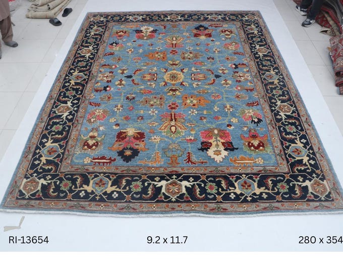 Hand-knotted Heriz Floral Rug, Blue Cotton and Wool, 9.2 x 11.7 ft