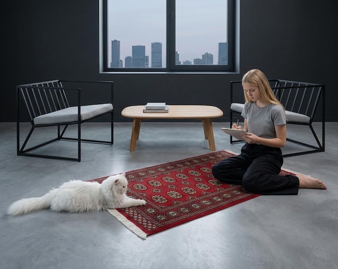 3.1 X 5.0 ft Red Geomatrical Handmade ,Mori Bokhara Cotton and Wool