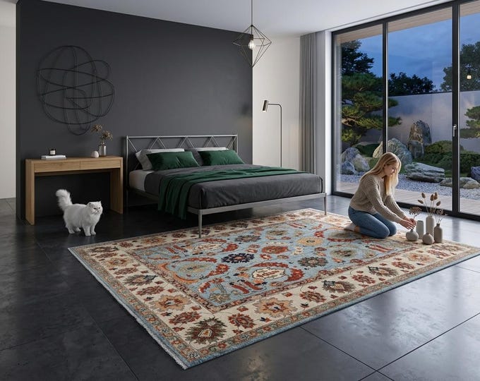 9.1 X 11.3 ft Blue and Beige Floral Handmade ,Oshak Wool