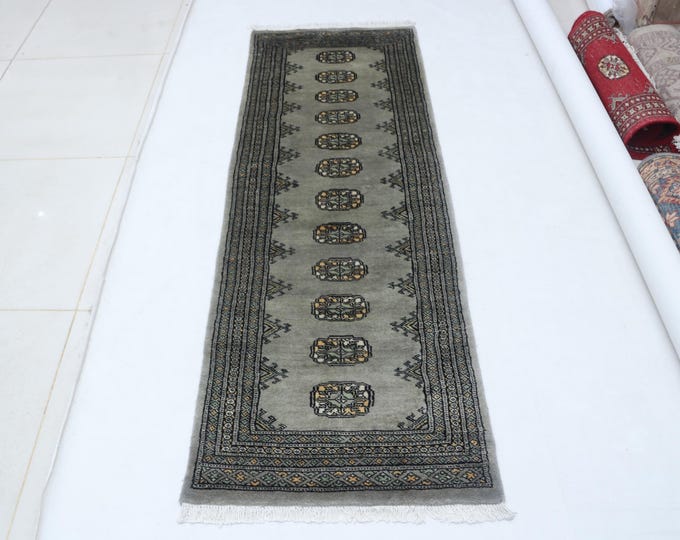 2.1 X 6.1 ft Gray Geomatrical Runner Handmade, Mori Bokhara Cotton and Wool