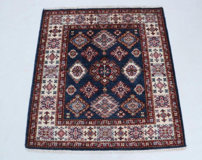 3.3 X 3.6 ft Blue and Beige Geomatrical Handmade , Super Kazak Cotton and Wool