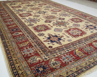 7x11 Ivory Kazak Rug – Afghan Handmade Wool, Geometric Organic Dye