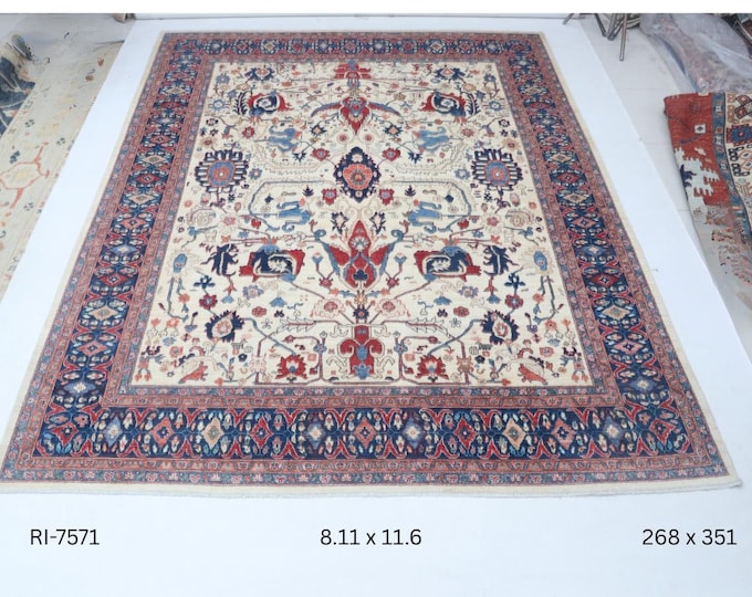 Hand-knotted Heriz Cotton and Wool Rug, Floral in Beige base and Blue border, 8.11 x 11.6 ft