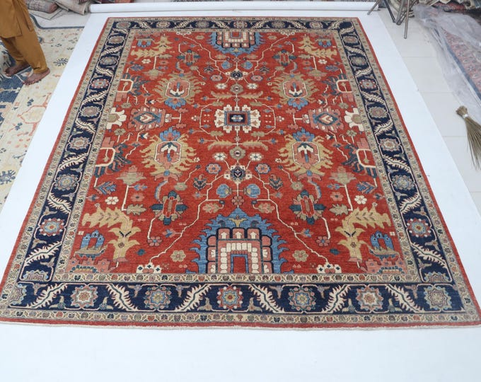 9.0 X 11.10 ft Red and BlueFloral Handmade ,Heriz Cotton and Wool