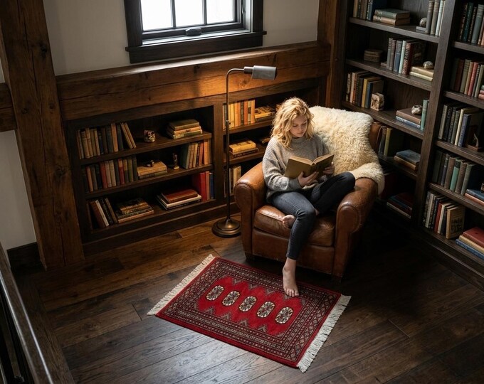 2.1 X 3.1 ft Red Geomatrical Handmade ,Mori Bokhara Cotton and Wool