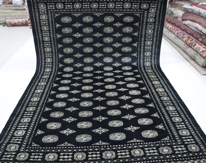 7x10 Black Mori Bokhara Rug, Hand-Knotted Wool, Tribal Geometric Design