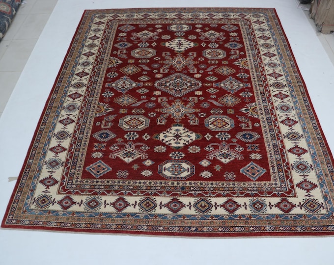 7.11 X 9.9 ft Red and Beige Geomatrical Handmade , Super Kazak Cotton and Wool