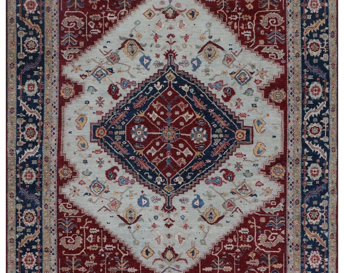 8.1 X 10.2 ft Beige and Blue Floral Handmade ,Heriz Cotton and Wool