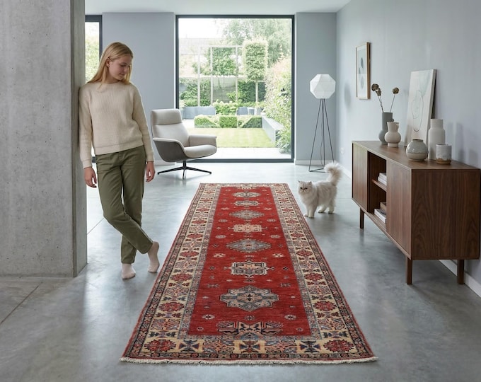 3 X 8 ft Red and Beige Geomatrical Handmade Runner , Super Kazak Cotton and Wool
