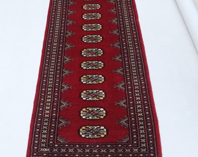 2.0 X 5.10 ft Red Geomatrical Handmade Runner, Mori Bokhara Cotton and Wool