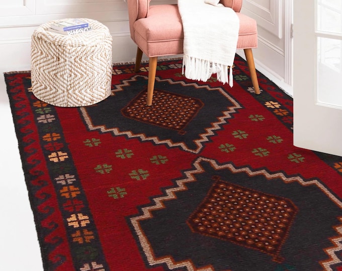 Hand-knotted Baluchi in Blue and Orange 2.95 x 4.59 ft