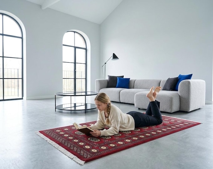 3.2 X 5.6 ft Red Geomatrical Handmade Runner, Mori Bokhara Cotton and Wool