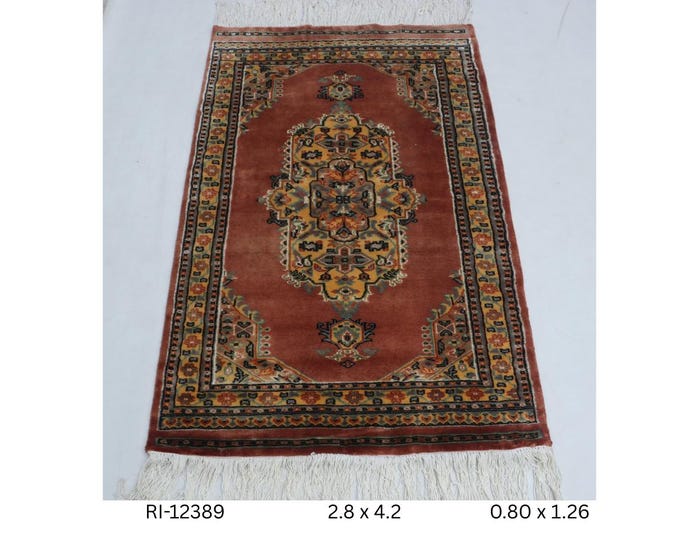 Hand-Knotted Wool Silk Touch Farsh-e-Nayle Rug, Copper Geometric Design, 2.8 x 4.2 ft