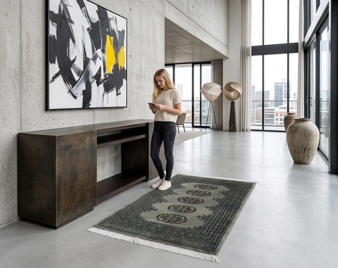 2.0 X 2.11 ft Gray Geomatrical Handmade , Mori Bokhara Cotton and Wool