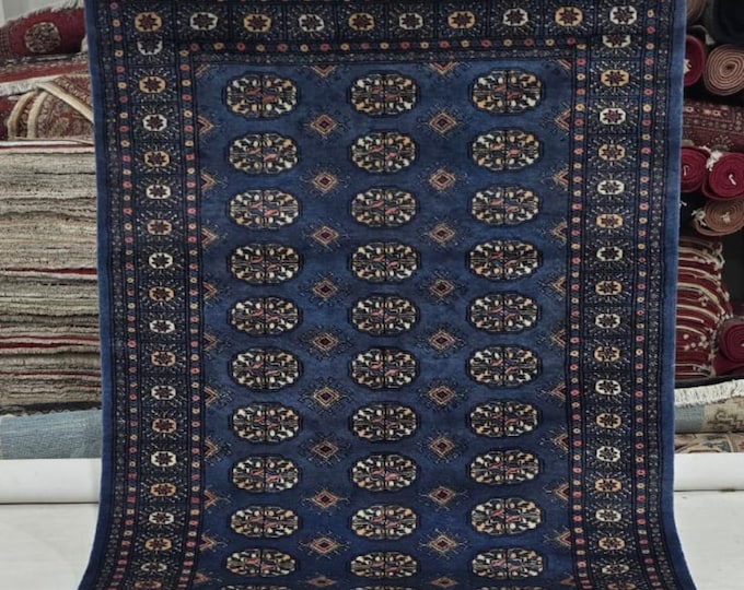 4 X 6 ft Blue Geometrical Handmade , Mori Bokhara Cotton and Wool