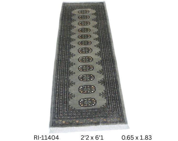 2.2 X 6.1 ft Gray Geomatrical Runner Handmade, Mori Bokhara Cotton and Wool