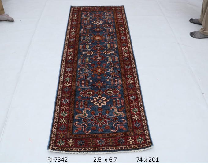 Hand-knotted Super Kazak Cotton and Wool Rug, Geomatrical in Blue base and Red border, 2.5 X 6.7 ft