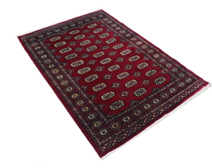 4.0 X 5.9 ft Red Geomatrical Handmade Runner, Mori Bokhara Cotton and Wool