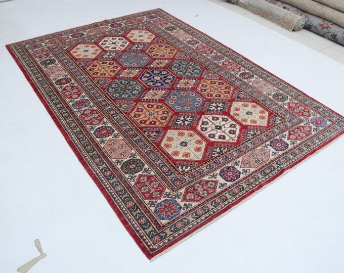 5.7 X 7.11 ft Red and Beige Geomatrical Handmade , Super Kazak Cotton and Wool