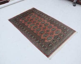 3 X 5 ft Geometrical Mori Bokhara Rug, Copper, Handmade Cotton and Wool