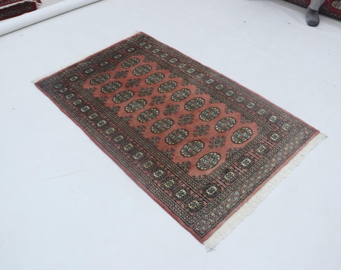 3 X 5 ft Geometrical Mori Bokhara Rug, Copper, Handmade Cotton and Wool