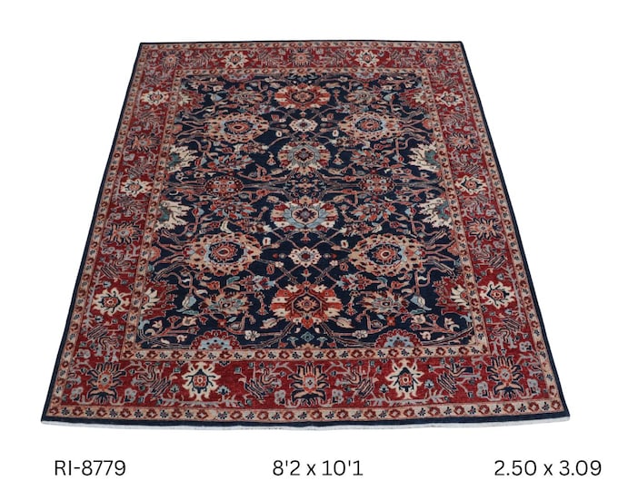 Hand-knotted Heriz in Blue and Red Cotton and Wool Rug, 8.2 X 10.1 ft