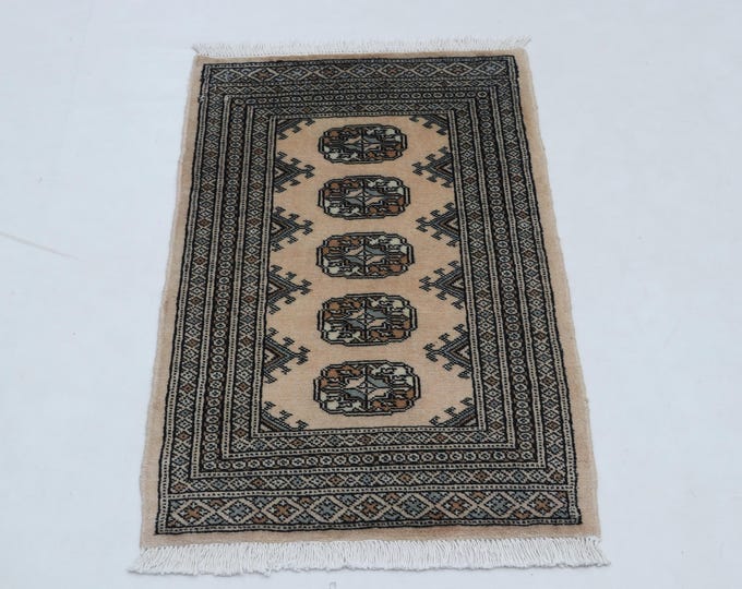2.2 X 3.4 ft Beige Geomatrical Handmade ,Mori Bokhara Cotton and Wool