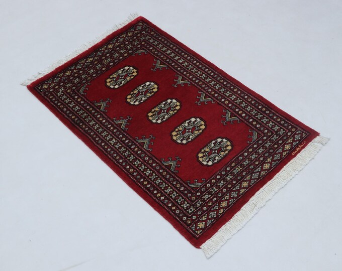 2.0 X 3.1 ft Red Geomatrical Handmade ,Mori Bokhara Cotton and Wool