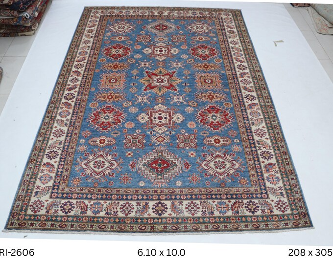 Hand-Knotted Kazak Rug, Cotton and Wool, Blue Beige Border (6.10 x 10.0 ft)