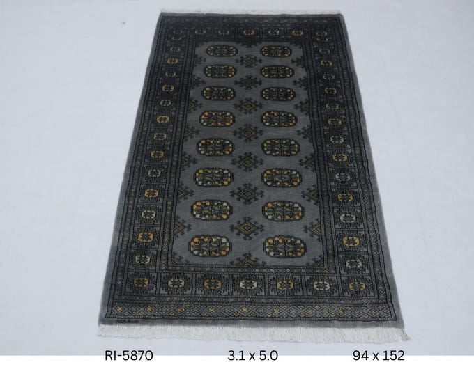 3.1 X 5.0 ft Gray Geomatrical Handmade ,Mori Bokhara Cotton and Wool