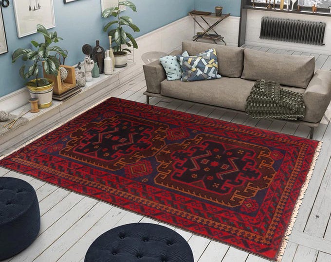 Hand-knotted Baluchi in Red and Blue 2.95 x 4.59 ft