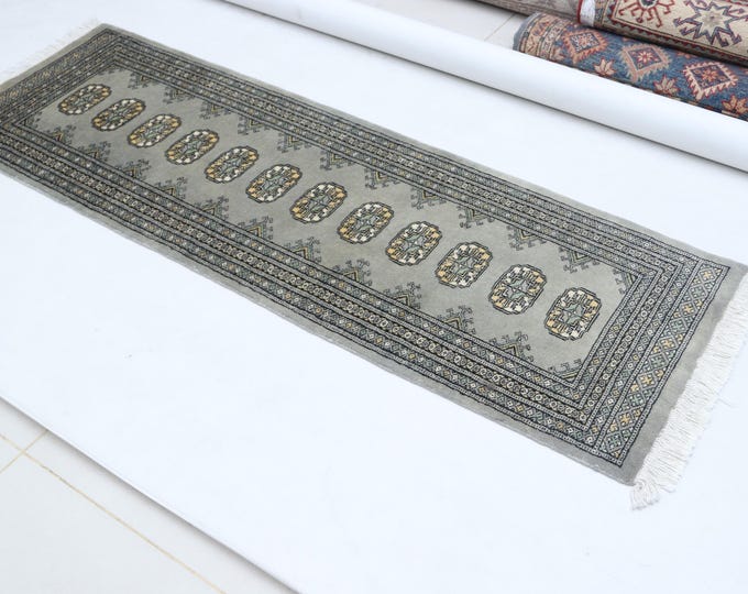 2.0 X 5.11 ft Gray Geomatrical Runner Handmade, Mori Bokhara Cotton and Wool
