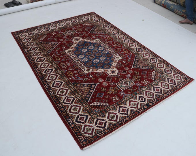 5 X 7 ft Red and Beige Geomatrical Handmade, Super Kazak Cotton and Wool
