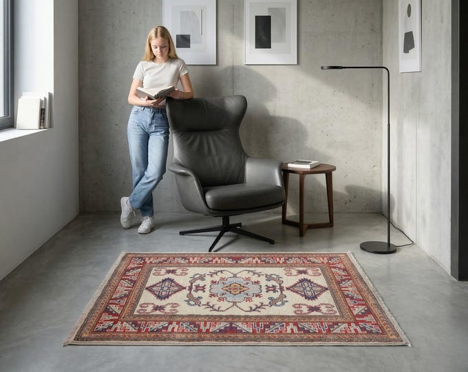 2.1 X 3.0 ft Red and Beige Geomatrical Handmade , Super Kazak Cotton and Wool