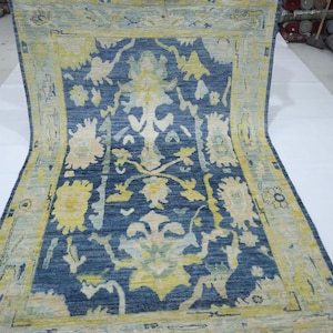 6x9 Ft Oushak Area Rug - Blue Yellow Turkish Hand Knotted Oriental Soft Wool Rug - Traditional Rug - Bedroom Rug - Living Room Rug - Rugs