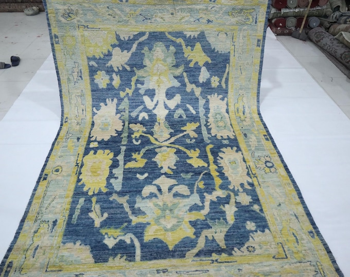6x9 Oushak Rug – Blue and Yellow Hand-Knotted Wool, Turkish Oriental Rug