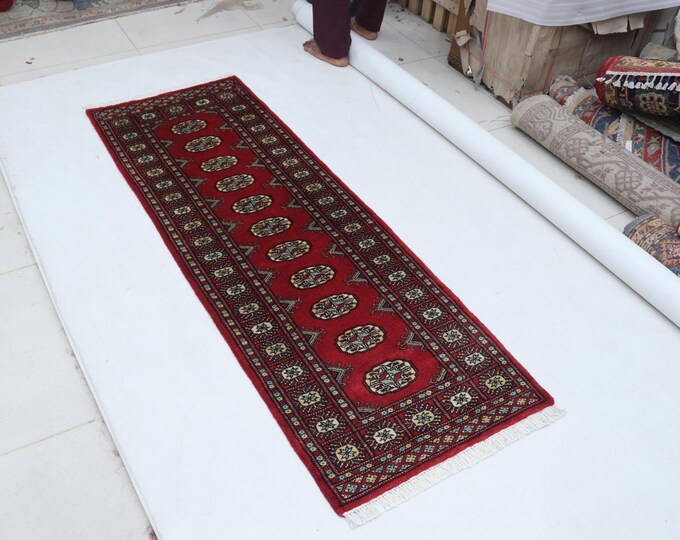 2.0 X 6.1 ft Red Geomatrical Runner Handmade, Mori Bokhara Cotton and Wool