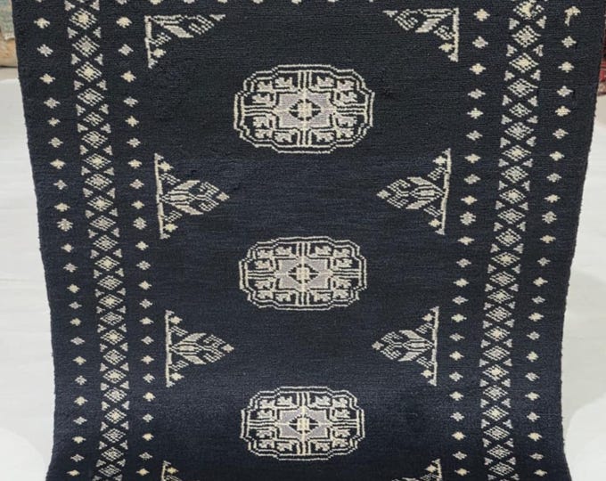 2 X 3 ft Black Geometrical Handmade, Mori Bokhara Cotton and Wool