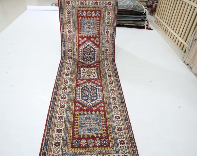 Hand Knotted Kazak Wool Runner Rug, Red Geometric Afghan Style (2.6x8.3 ft)