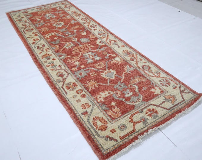 Handmade Rust Orange Oushak Wool Runner Rug – 3x8 Ft Turkish Floral Entryway