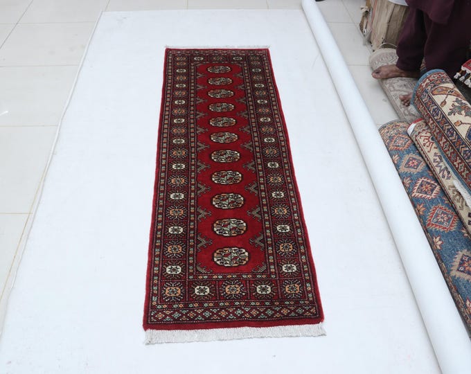 2.1 X 6.3 ft Red Geomatrical Runner Handmade, Mori Bokhara Cotton and Wool