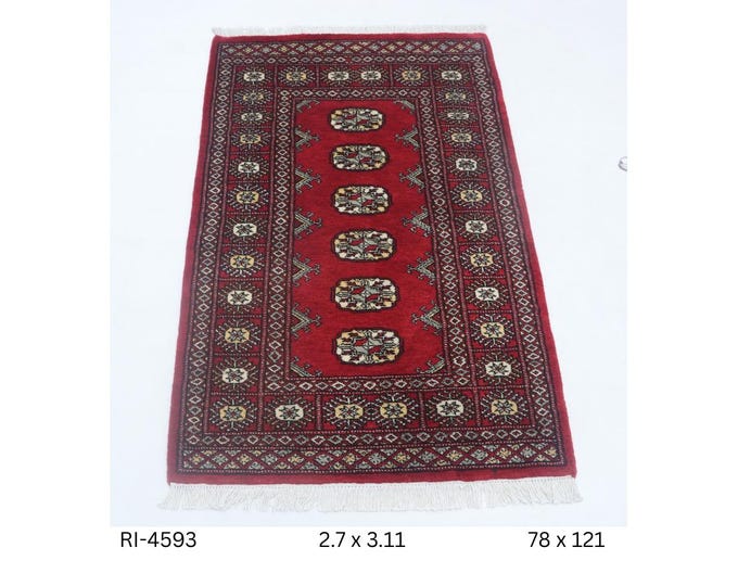 Hand-knotted Mori Bokhara Cotton and Wool Rug, Geomatrical in Red base and Red border, 2.7 x 3.11 ft