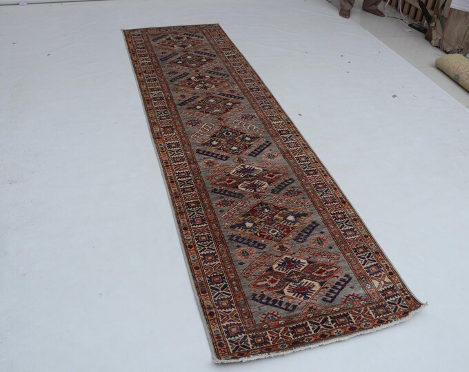 2.8 X 9.9 ft Gray and Beige Geomatrical Handmade Runner, Super Kazak Cotton and Wool