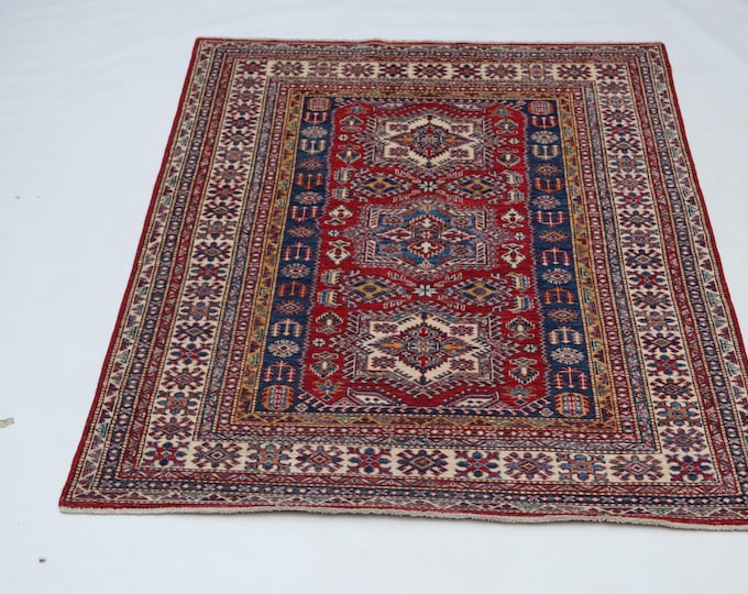 4 X 6 ft Red and Beige Geomatrical Handmade , Super Kazak Cotton and Wool