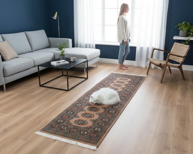 2.1 X 5.1 ft Copper Geomatrical Runner Handmade, Mori Bokhara Cotton and Wool